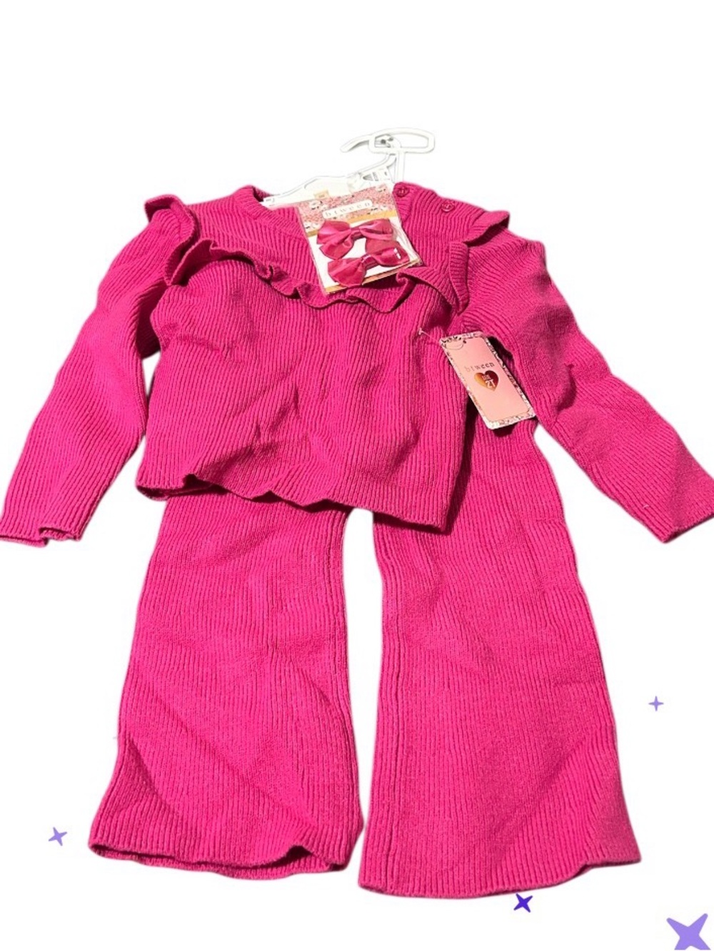 Girls Knit Two-Piece Set with Ruffle Top - Hot Pink Sweater Set